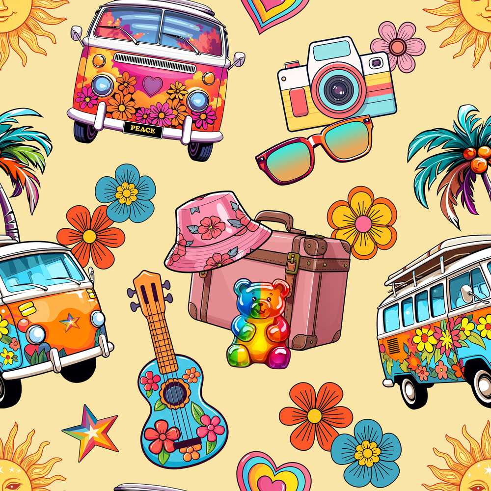 Hippie Camera Guitar Floral Travel Yellow Background Wildflower Pattern
