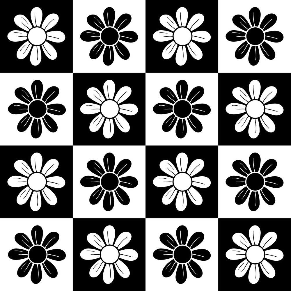 Daisy Flower Checkerboard Black White Wildflower Pattern Botanical