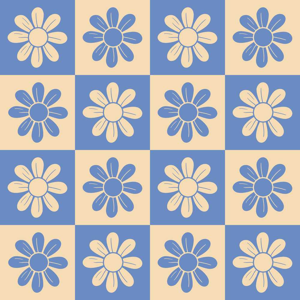 Daisy Flower Checkerboard Blue Beige Wildflower Pattern Botanical