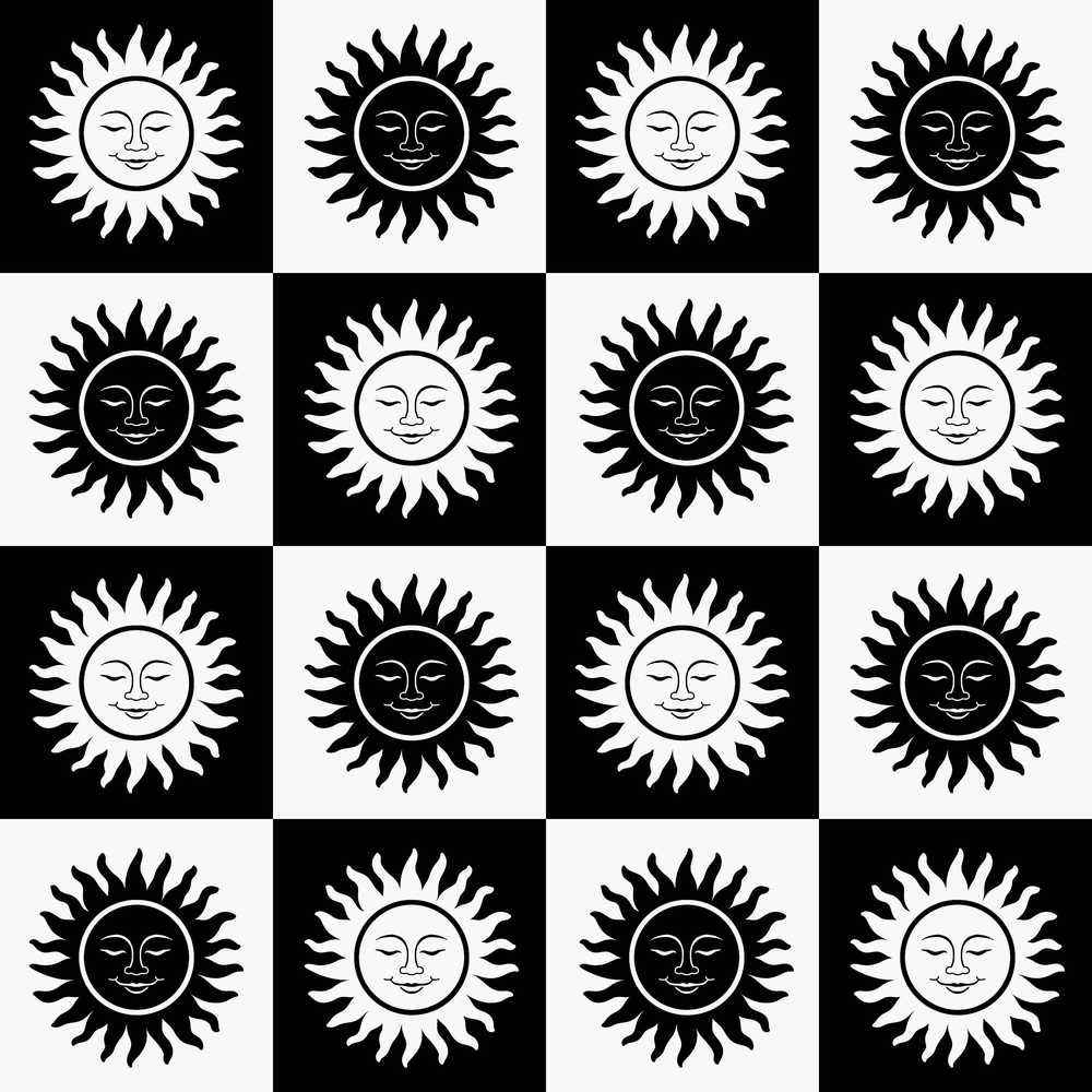 Sun Face Checkerboard Black White Decorative Repeat Pattern