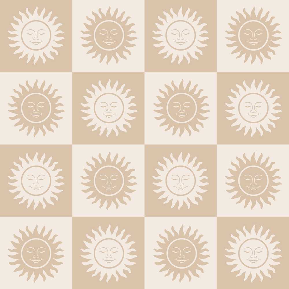 Sun Face Checkerboard Beige Cream Decorative Repeat Pattern
