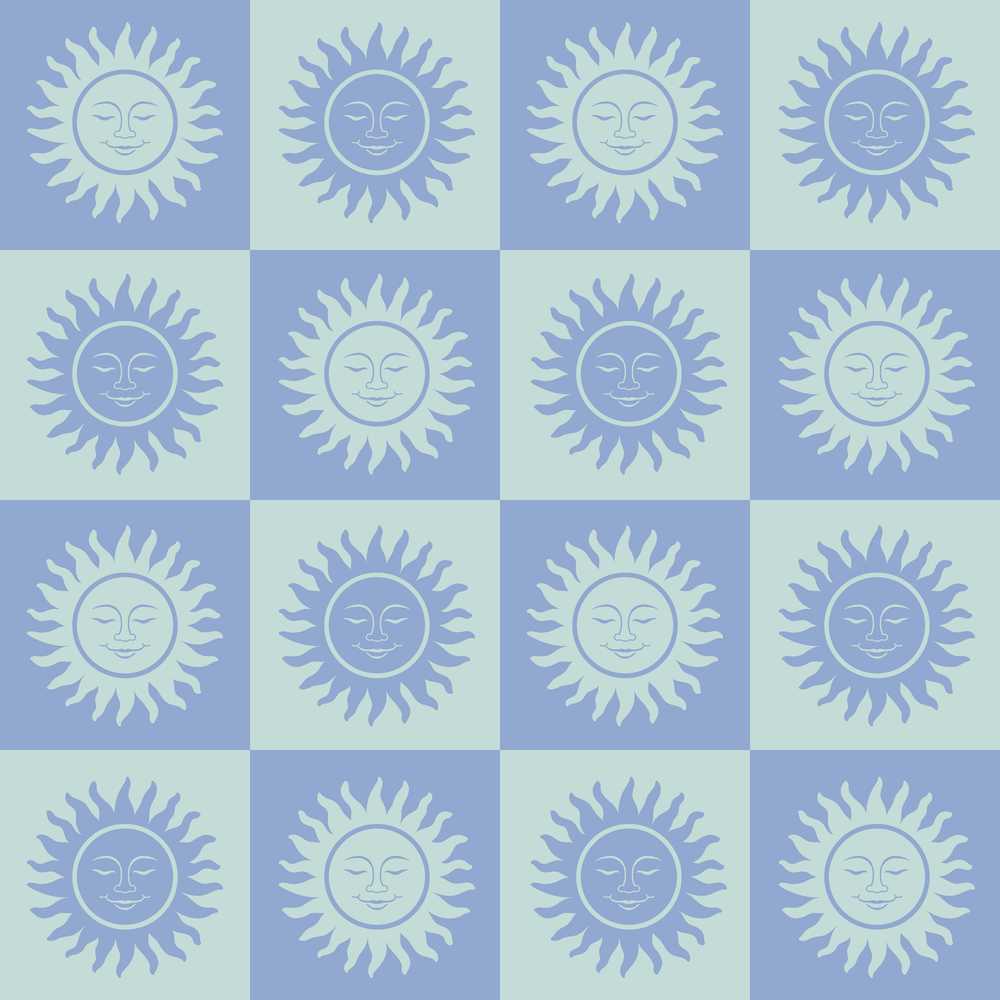 Sun Face Checkerboard Soft Blue Decorative Repeat Pattern