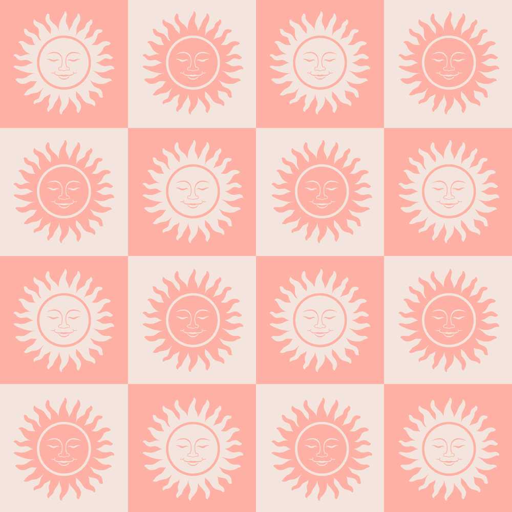 Sun Face Checkerboard Peach Cream Decorative Repeat Pattern