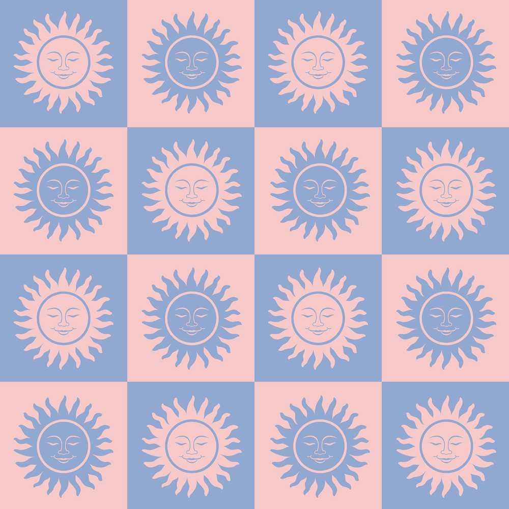Sun Face Checkerboard Blue Pink Decorative Repeat Pattern