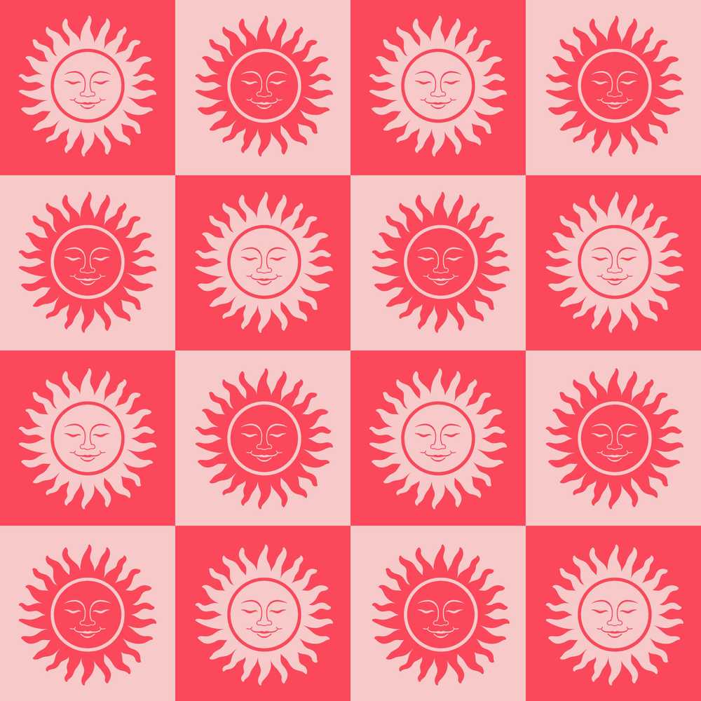 Sun Face Checkerboard Red Pink Decorative Repeat Pattern