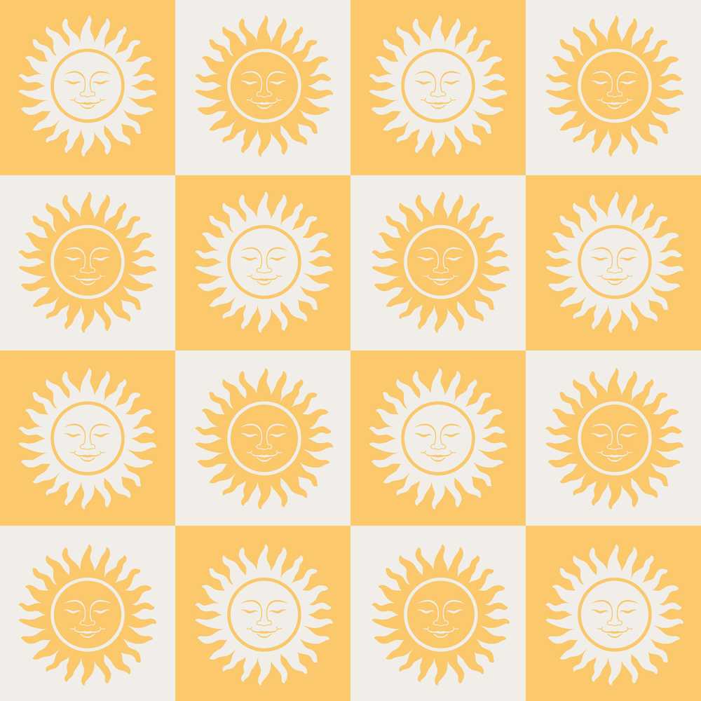 Sun Face Checkerboard Yellow Grey Decorative Repeat Pattern