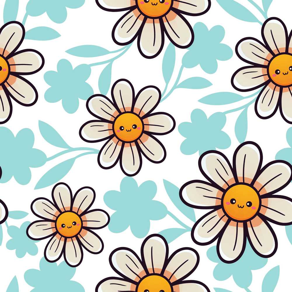 Cute Kawaii Daisy Flowers with Soft Blue Leaves Wildflower