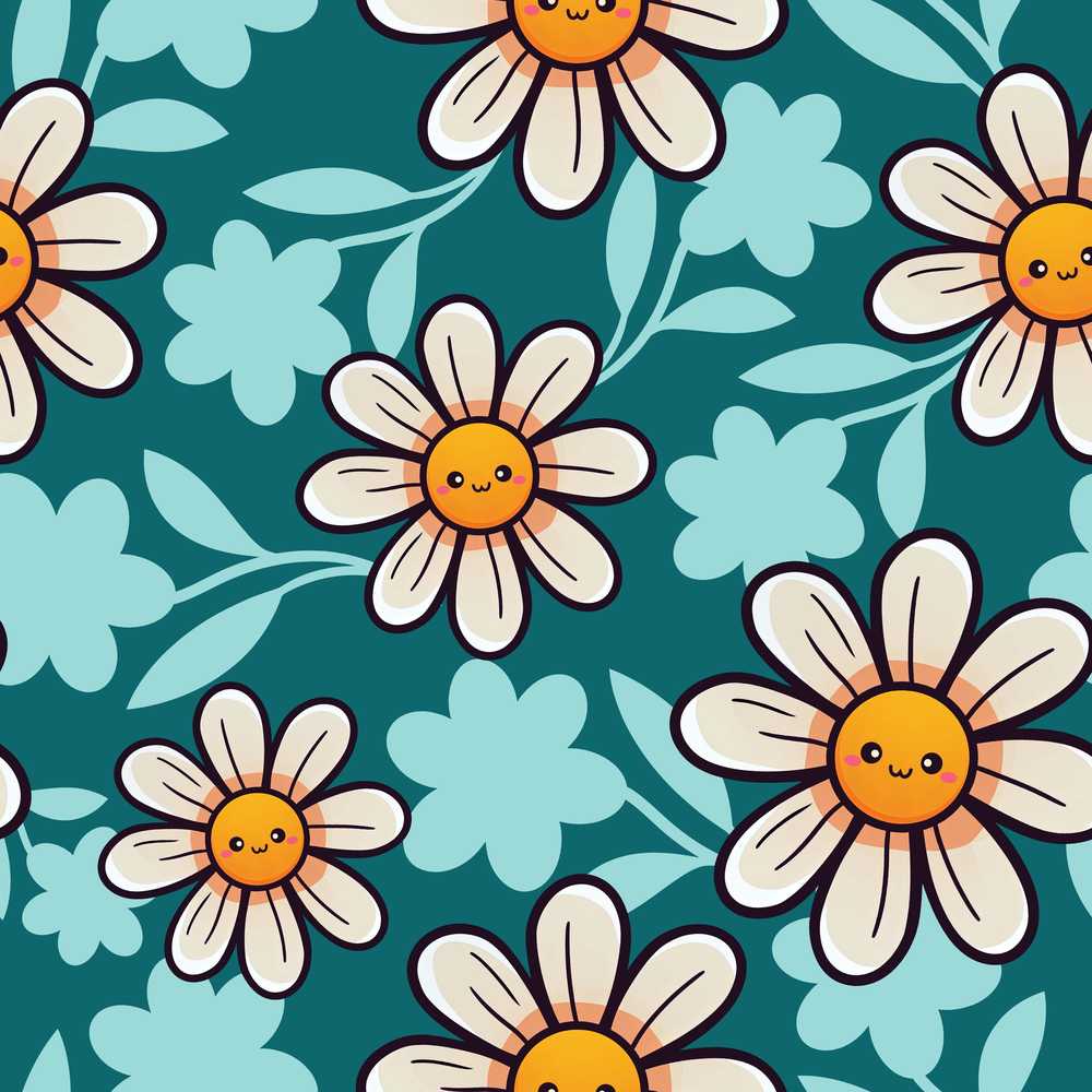 Cute Kawaii Daisy Flowers on Teal Green Background Wildflower