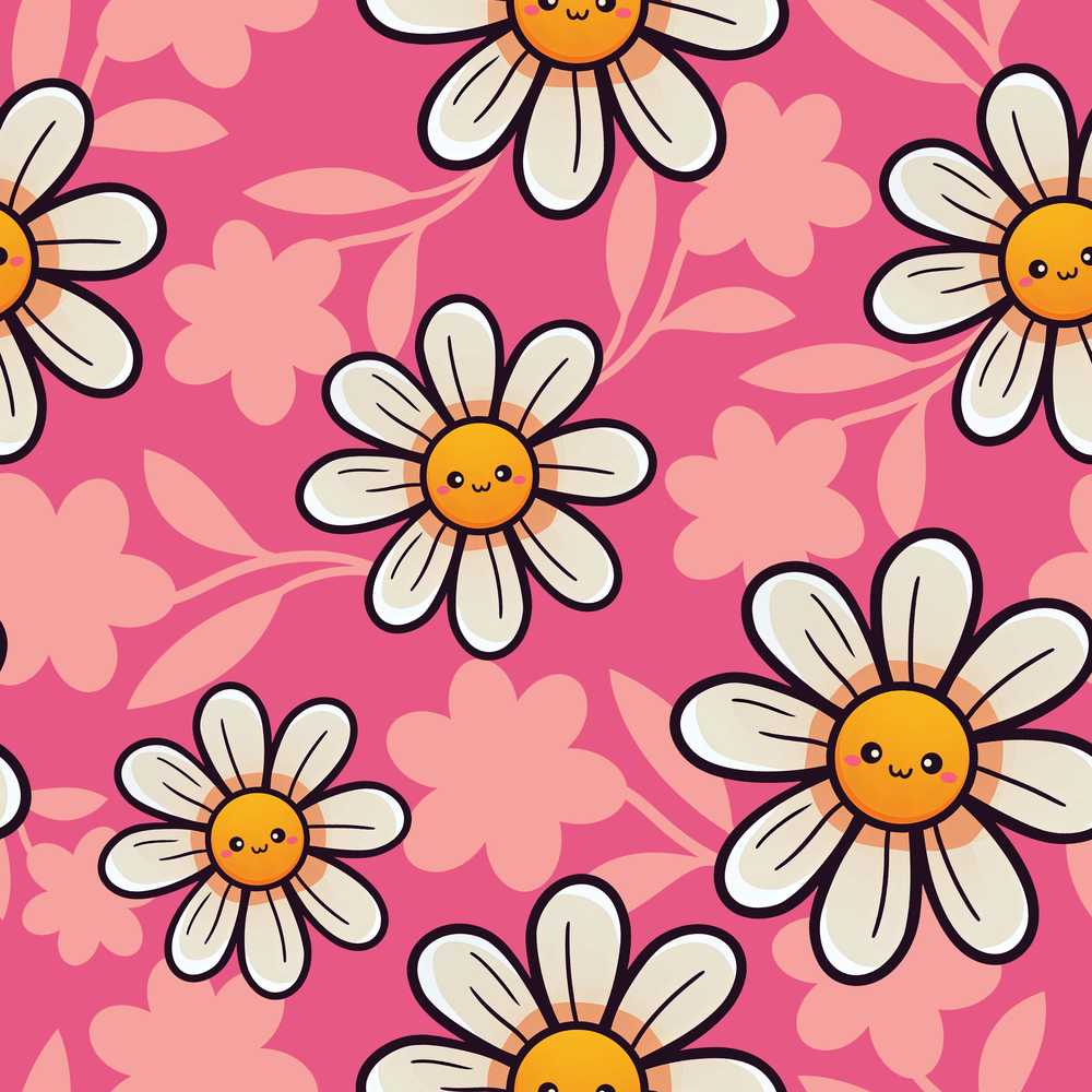 Cute Kawaii Daisy Flowers on Pink Background Wildflower Pattern