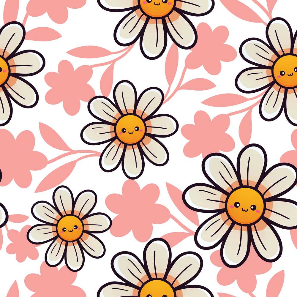 Cute Kawaii Daisy Flowers with White Background Wildflower Pattern