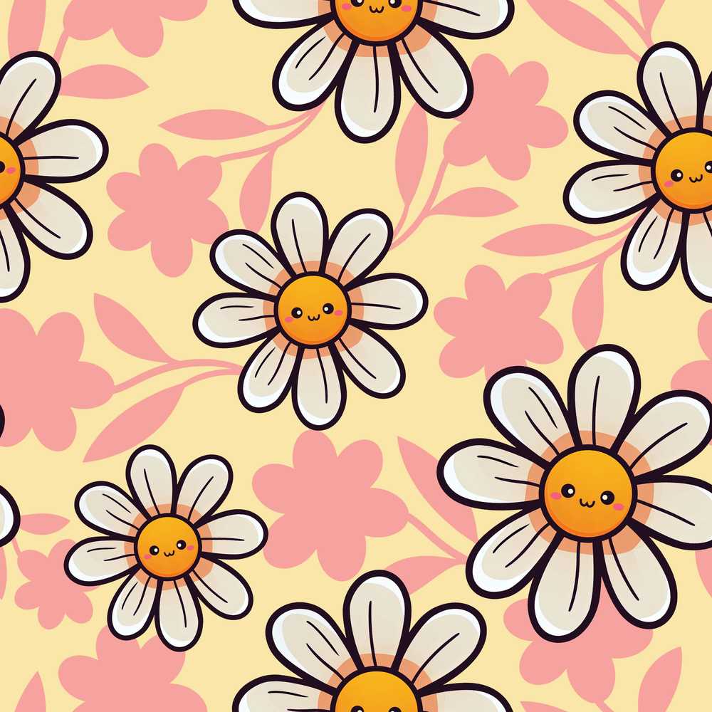 Cute Kawaii Daisy Flowers with Yellow Background Wildflower Pattern