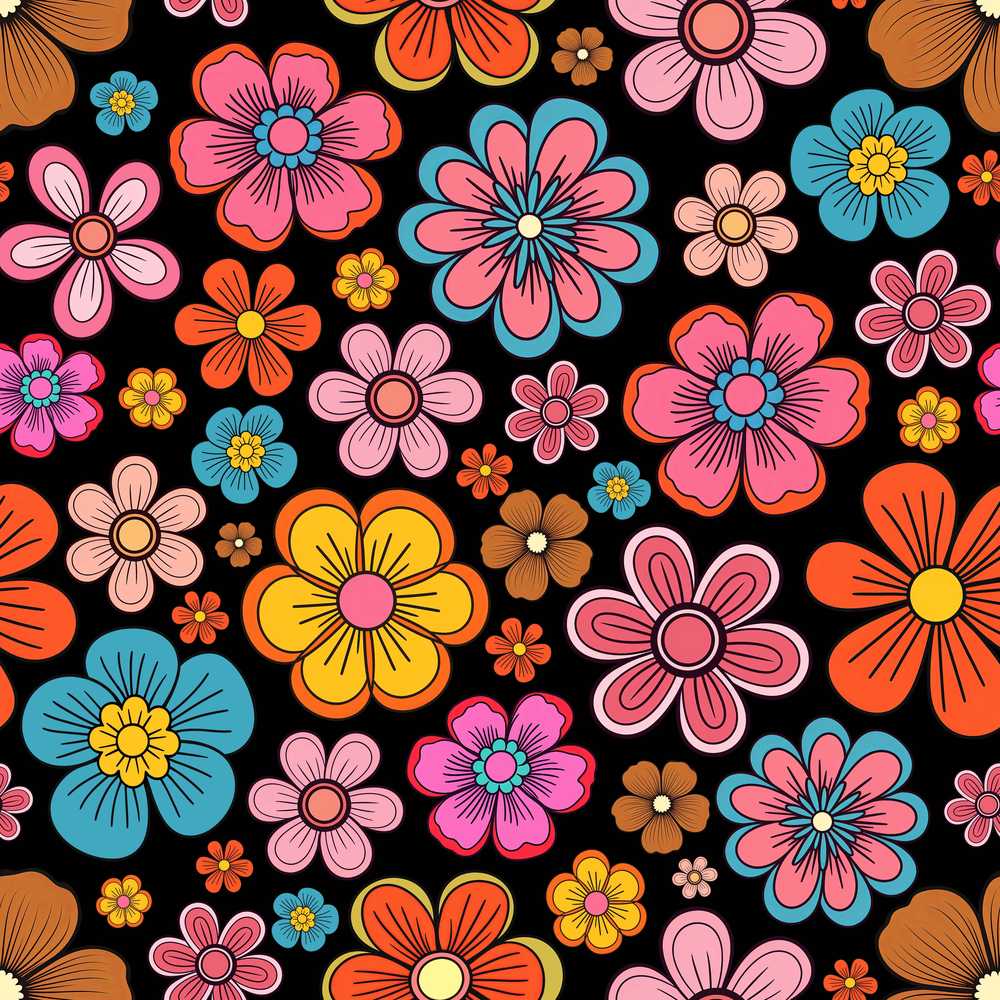 Cute Floral Flowers on Black Background Wildflower Pattern Botanical