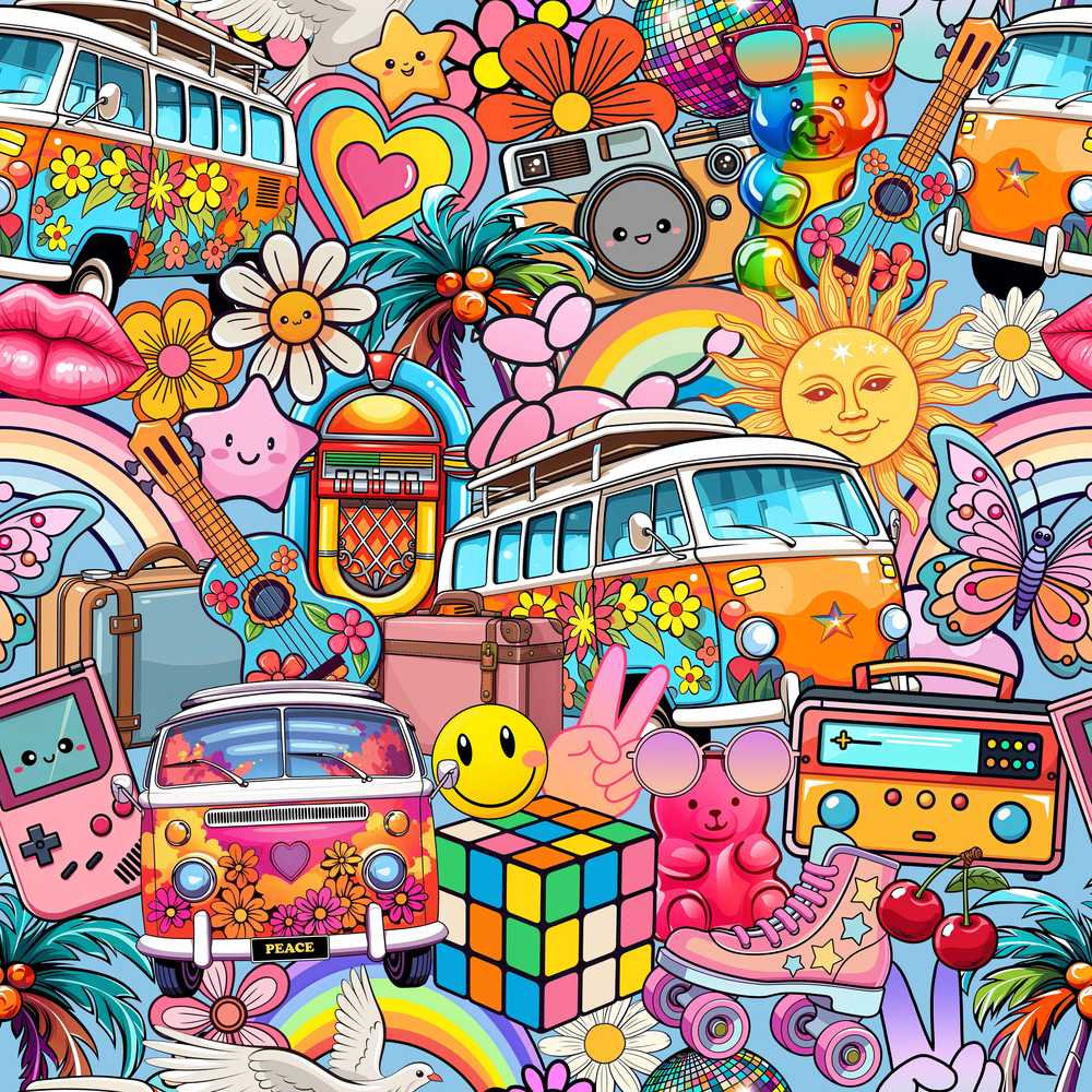 Cute Hippie Rainbow Toys Collage Decorative Repeat Pattern
