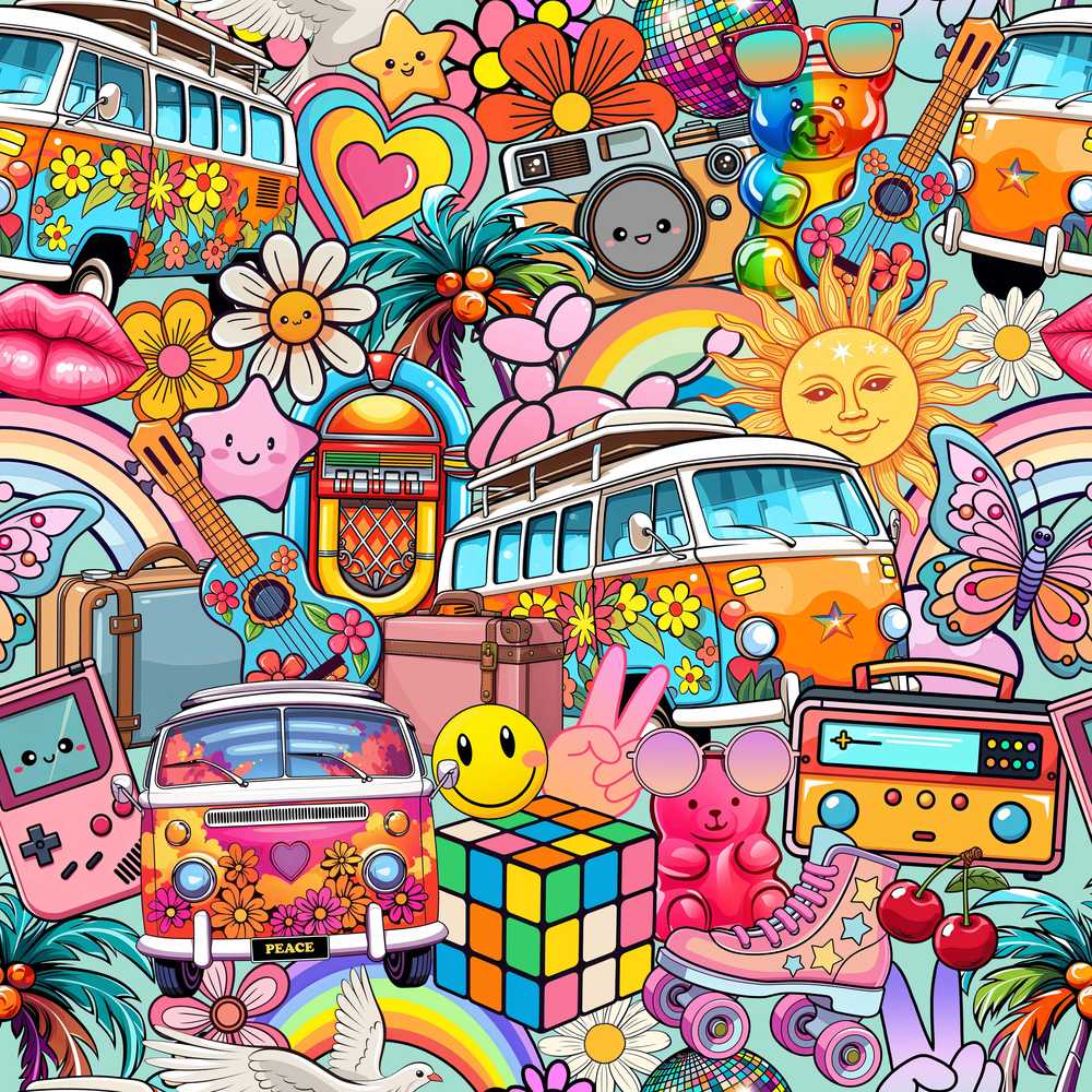 Cute Hippie Van Rainbow Toys Collage Decorative Repeat
