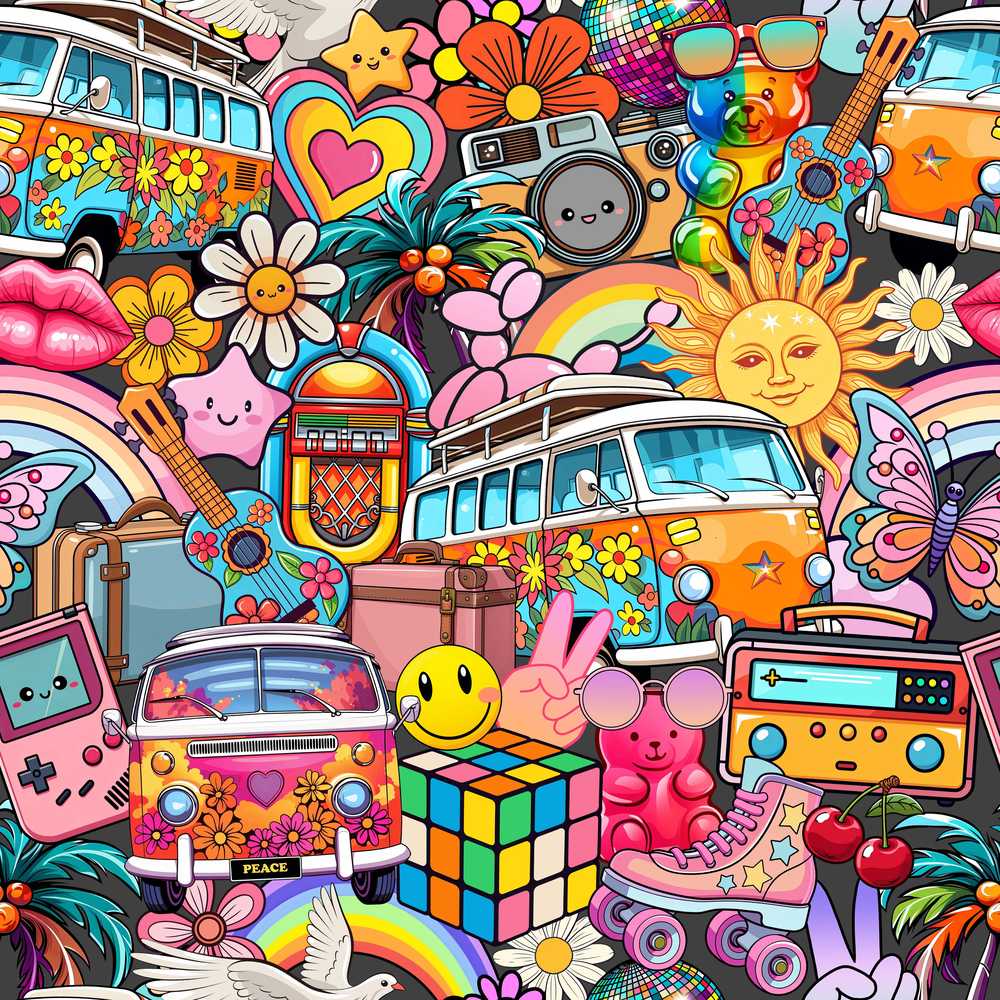 Cute Hippie Van Rainbow Toys Collage Blue Background