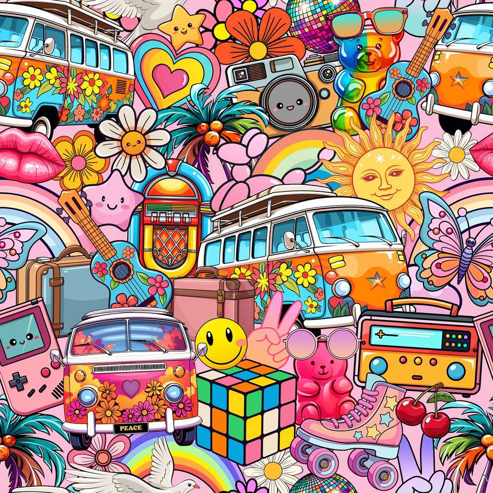 Cute Hippie Van Rainbow Toys Collage Pink Background
