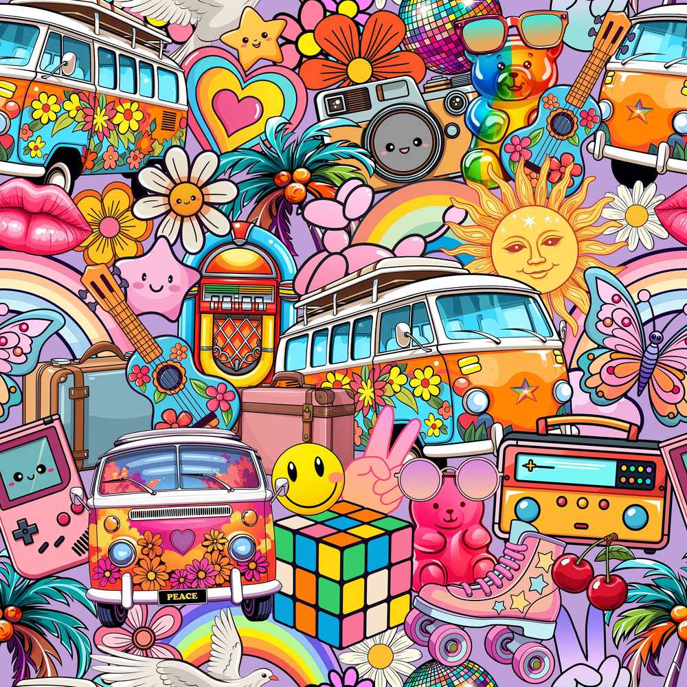 Cute Hippie Van Rainbow Toys Collage Purple Background