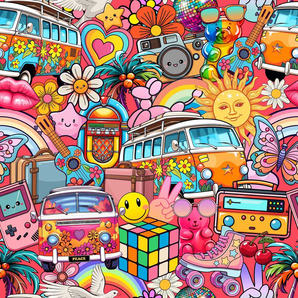 Cute Hippie Van Rainbow Toys Collage Red Background