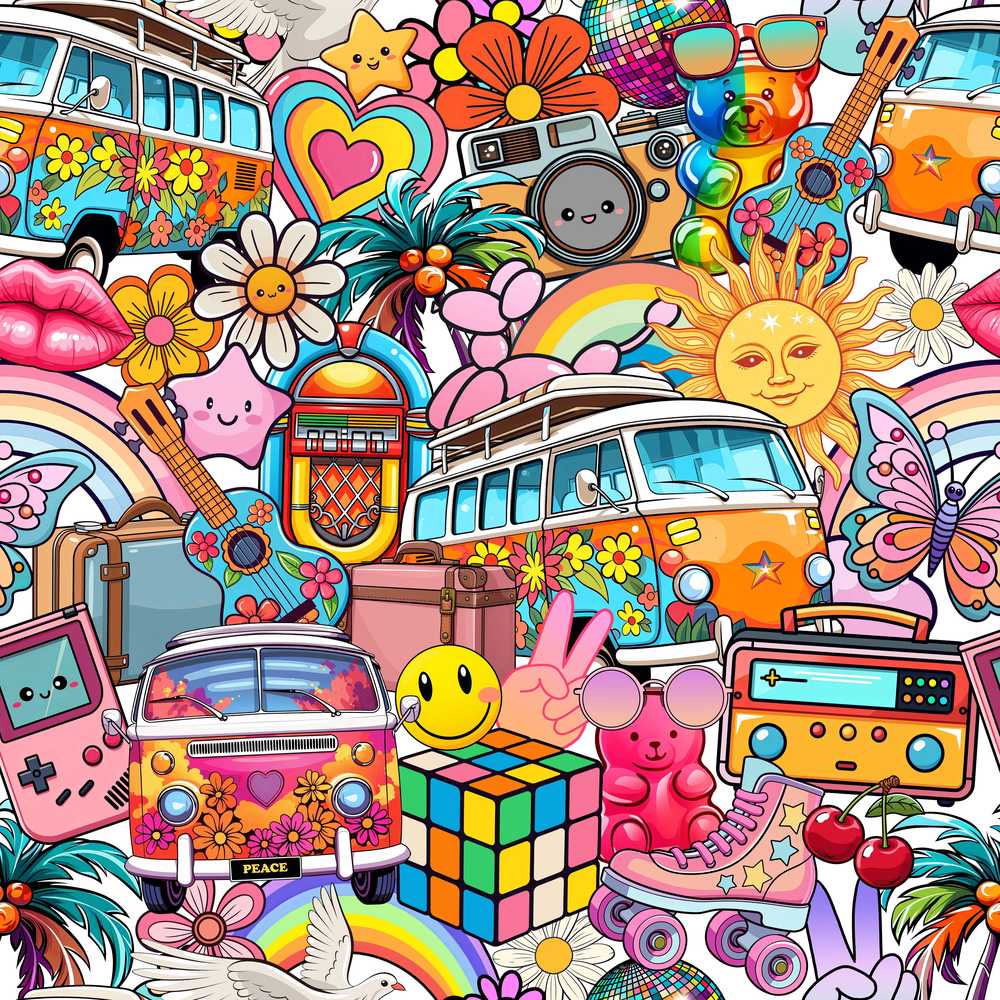 Cute Hippie Van Rainbow Toys Collage Cream Background