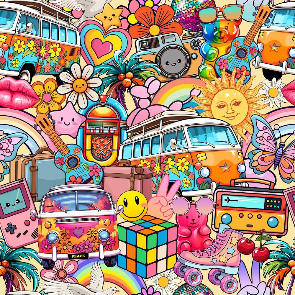 Hippie Van Rainbow Toys Collage Light Yellow Background