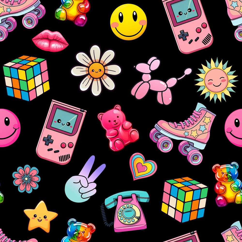 Cute Kawaii Toys Black Background Decorative Repeat Pattern