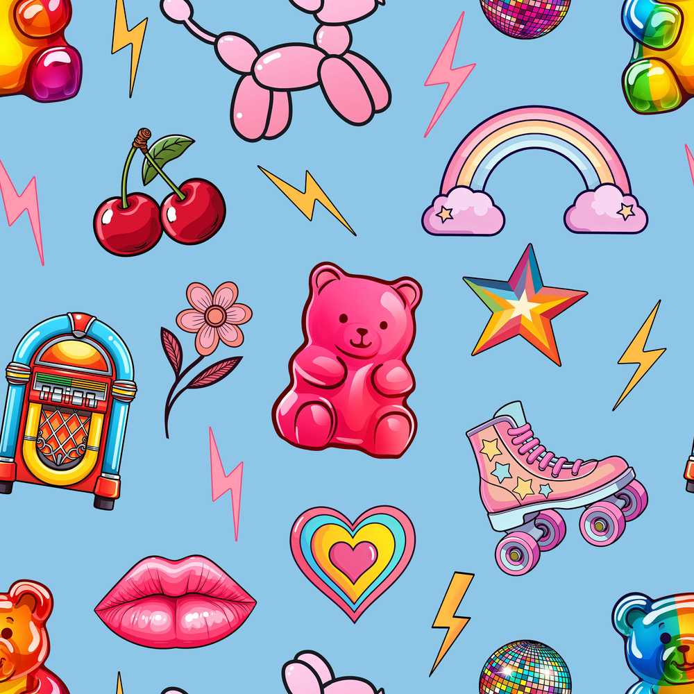 Gummy Bear Rainbow Roller Skate Lightning Blue Background