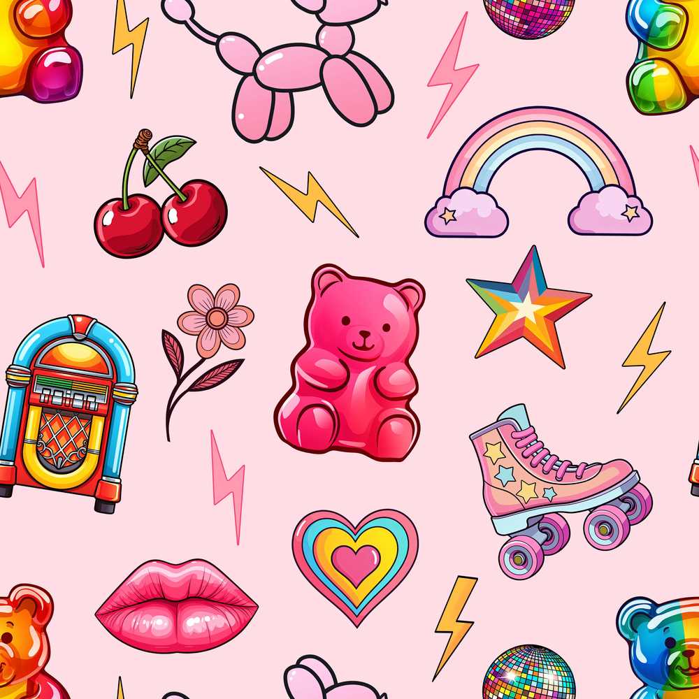 Cute Kawaii Gummy Bear Cherry Rainbow Roller Skate Pink Background