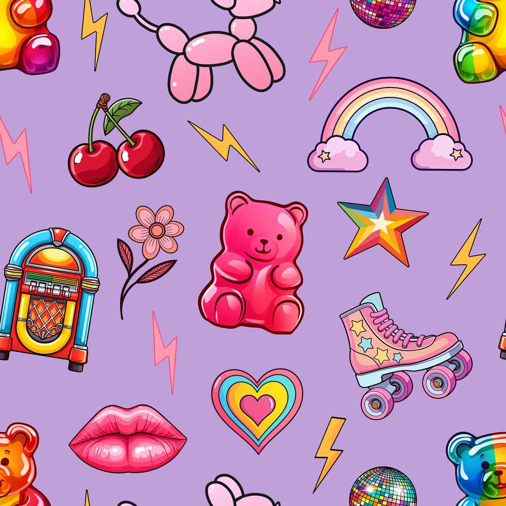 Cute Kawaii Gummy Bear Cherry Rainbow Roller Skate Purple Background