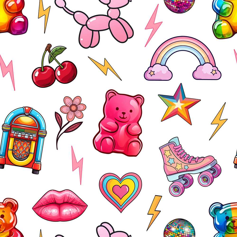 Cute Kawaii Gummy Bear Cherry Rainbow Roller Skate White Background