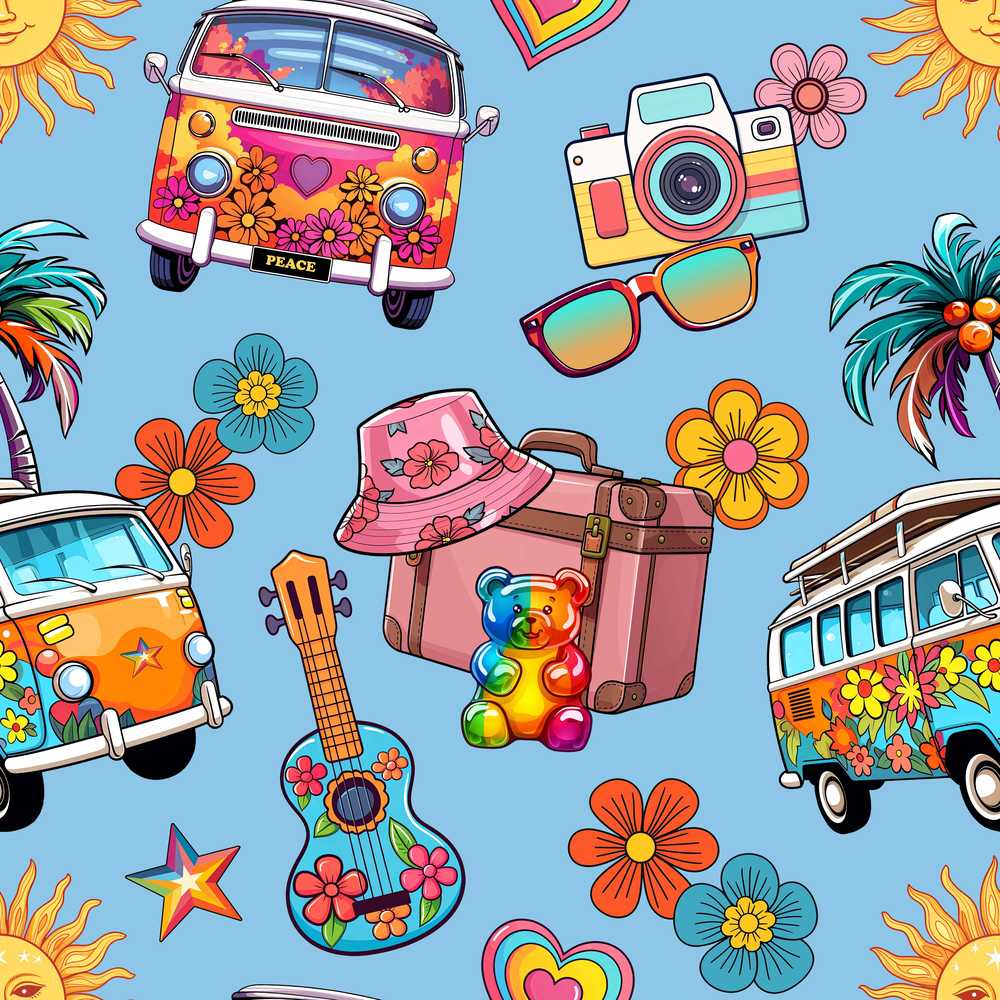 Hippie Vans Camera Guitar Floral Blue Background Wildflower Pattern