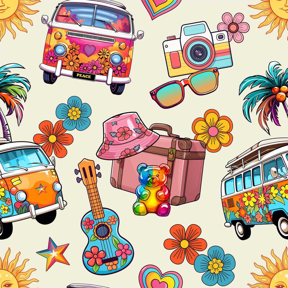 Hippie Van Camera Guitar Floral Travel Beige Background Wildflower