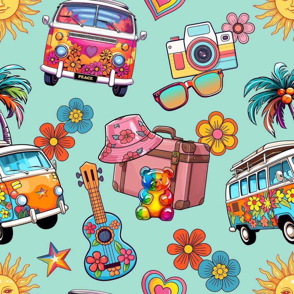 Hippie Van Camera Guitar Floral Travel Mint Background Wildflower