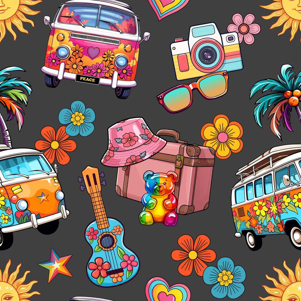 Hippie Van Camera Guitar Floral Travel Black Background Wildflower
