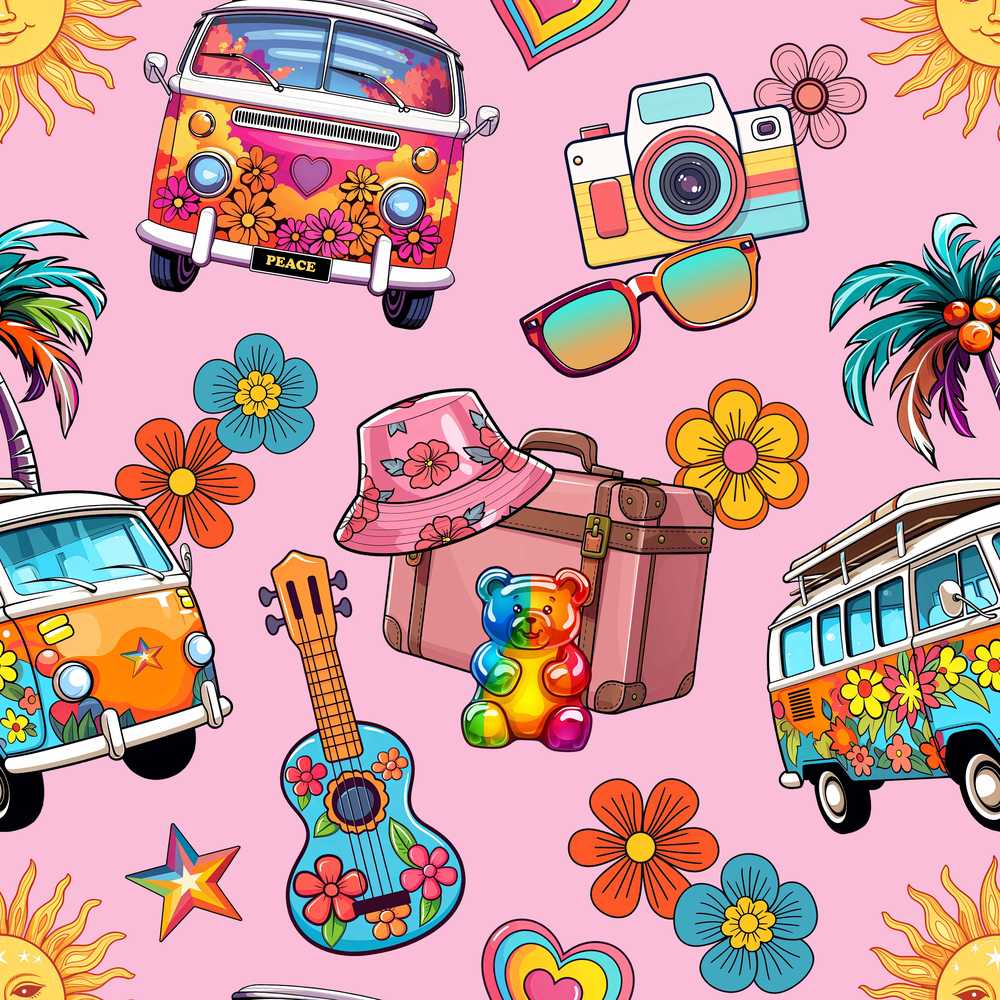 Hippie Van Camera Guitar Floral Travel Soft Pink Background