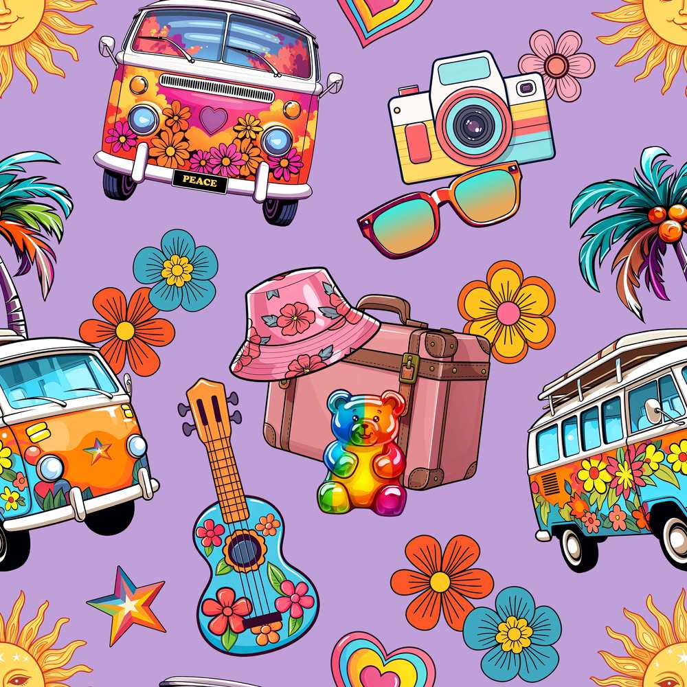 Hippie Van Camera Guitar Floral Travel Lavender Background Wildflower