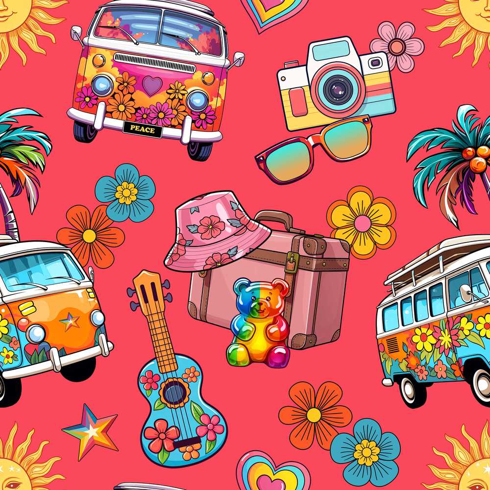 Hippie Van Camera Guitar Floral Travel Red Background Wildflower
