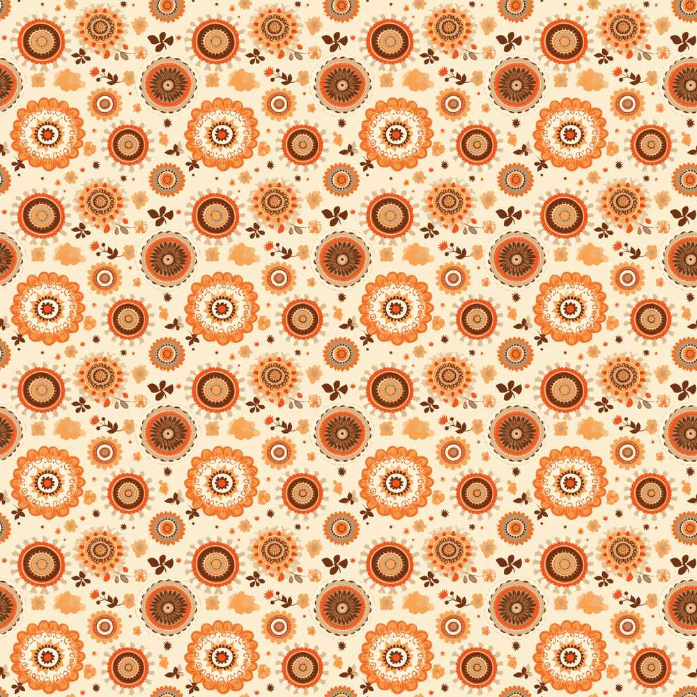 Orange Brown Circular Floral Motif Mid Century Style Wildflower