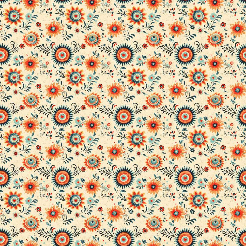 Playful Orange Blue Folk Floral Scandinavian Style Wildflower Pattern