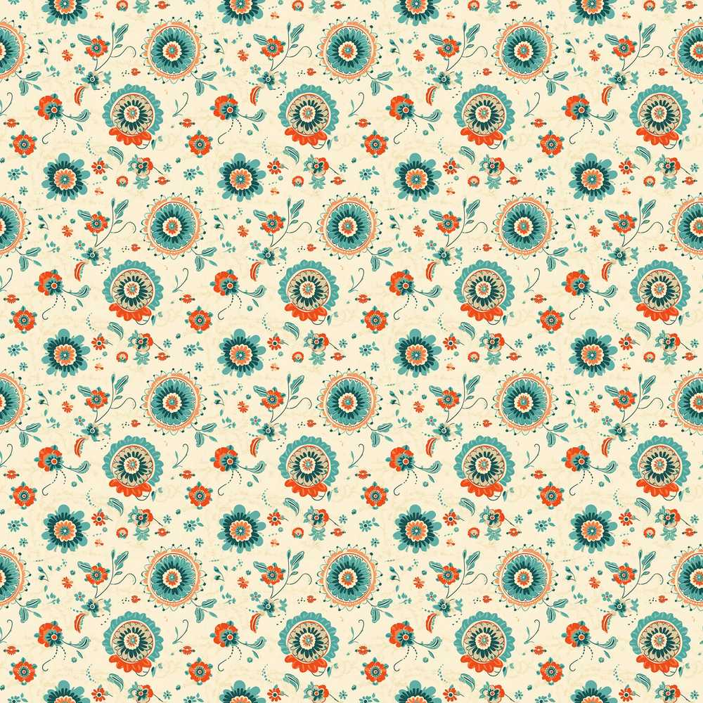 Teal Orange Folk Art Floral Vintage Decorative Wildflower Pattern