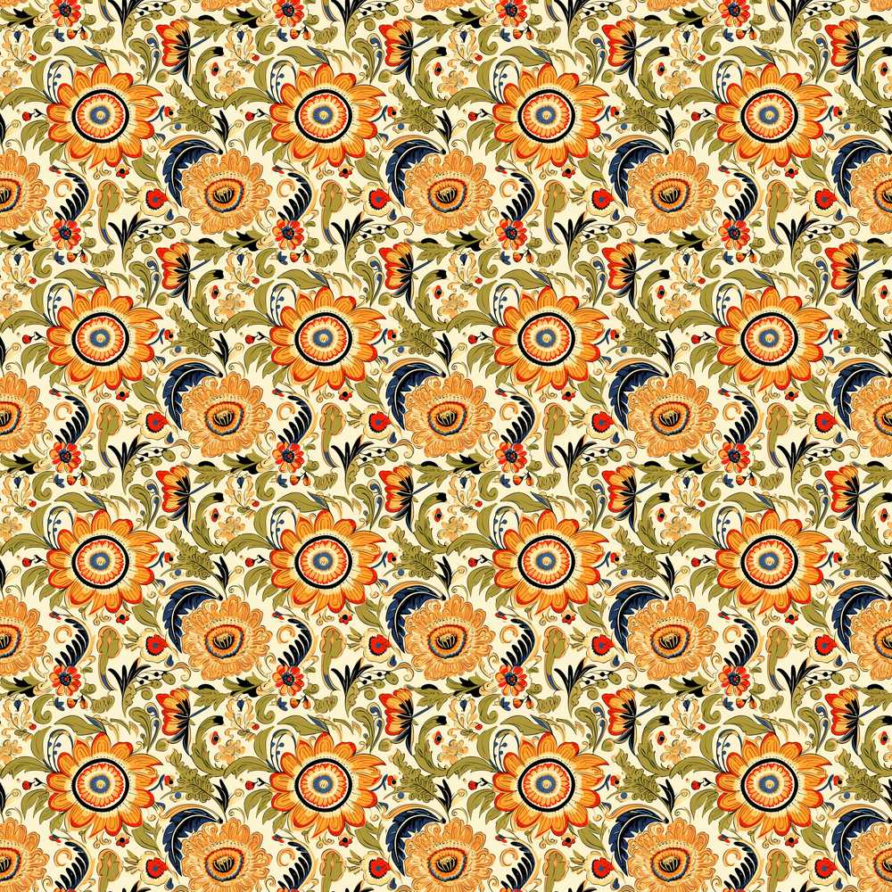 Detailed Vintage Orange Yellow Floral Classic Botanical Wildflower Pattern