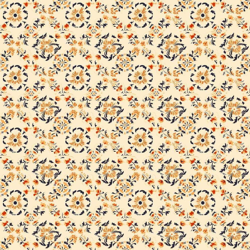 Vintage Orange Navy Floral Tile Classic Decorative Wildflower Pattern