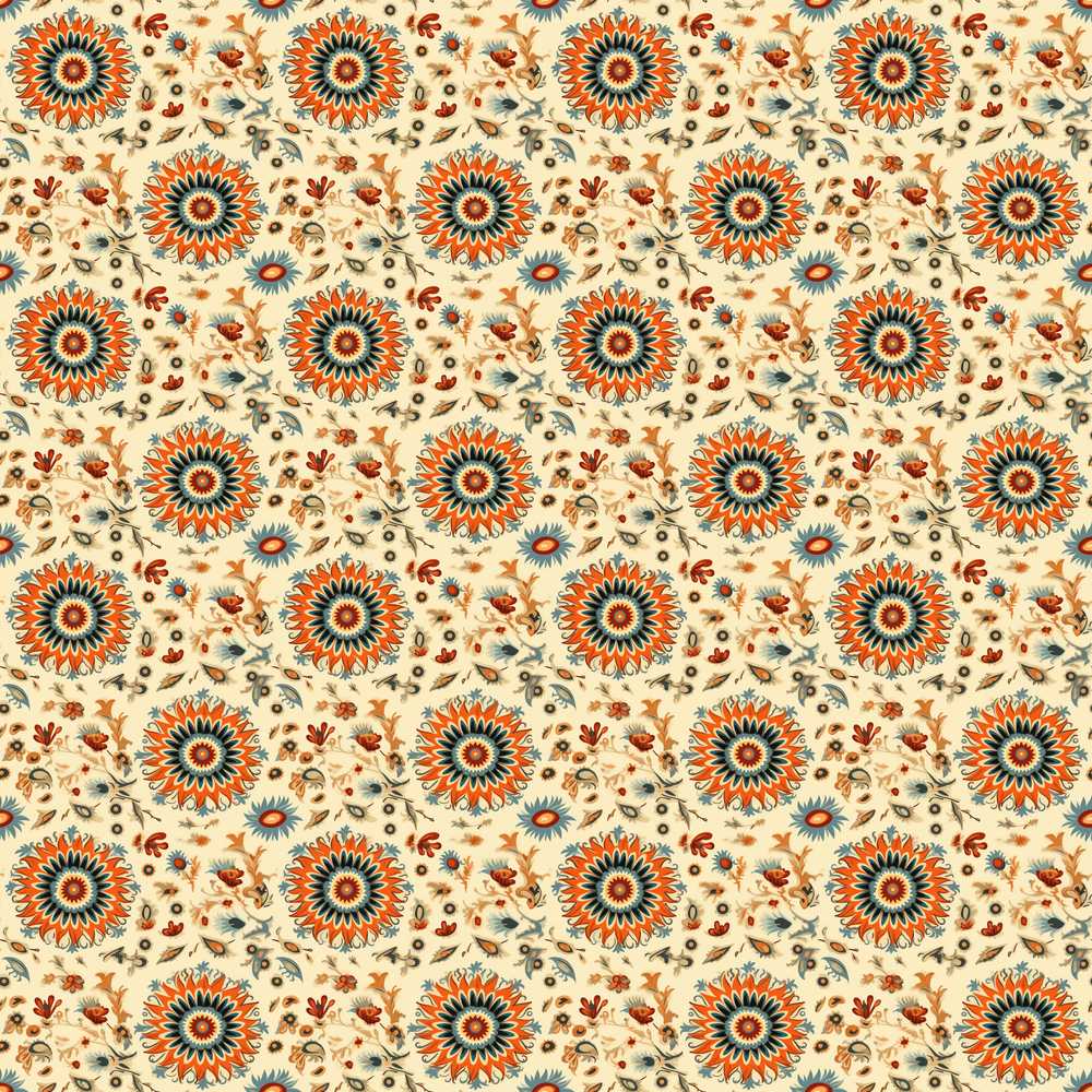 Bold Orange Teal Floral Medallion Folk Art Style Wildflower