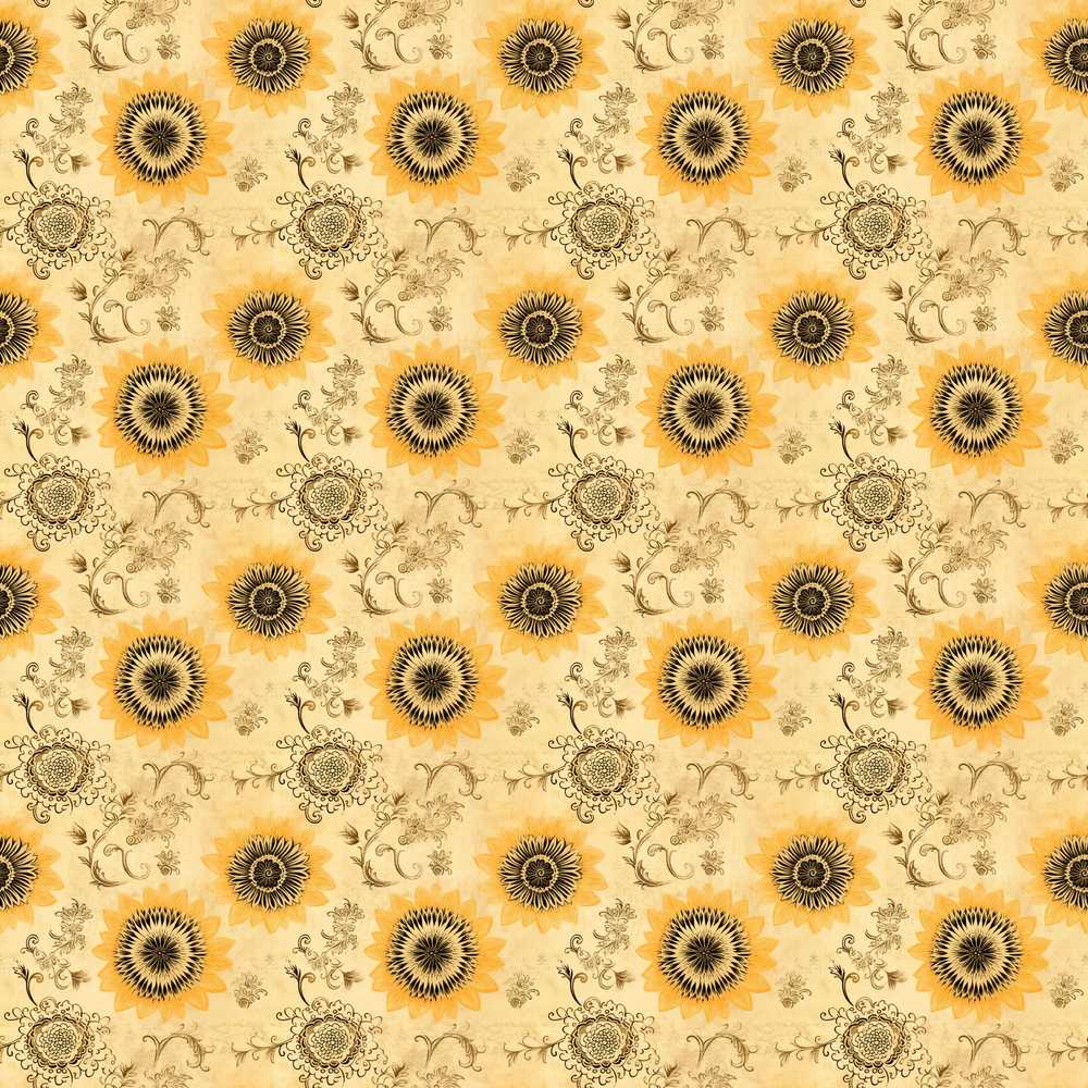 Vintage Mustard Black Floral Sunburst Classic Wildflower Pattern Botanical
