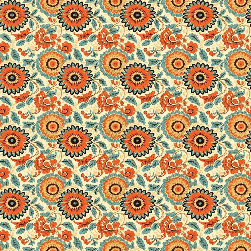 Vibrant Orange Teal Floral Bloom Botanical Style Wildflower Pattern