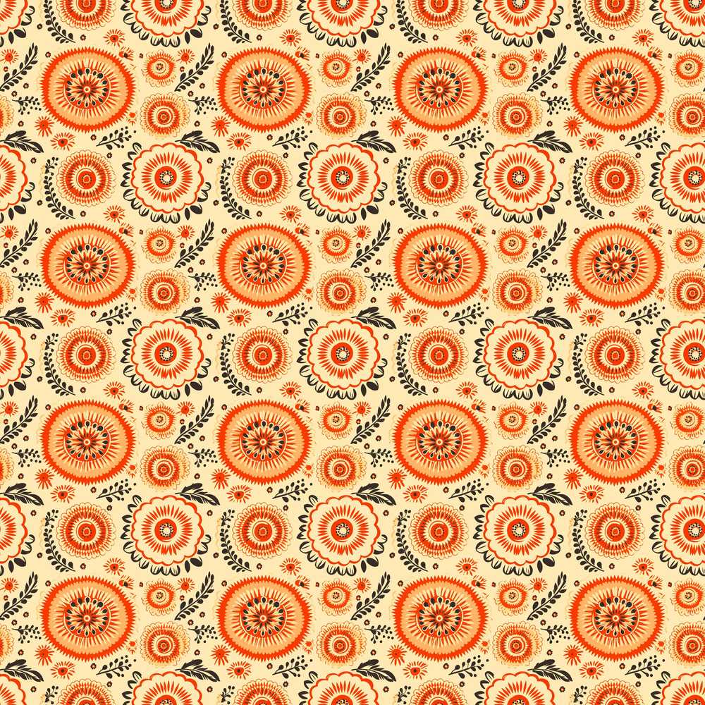 Bright Orange Floral Circular Motif Decorative Style Wildflower Pattern