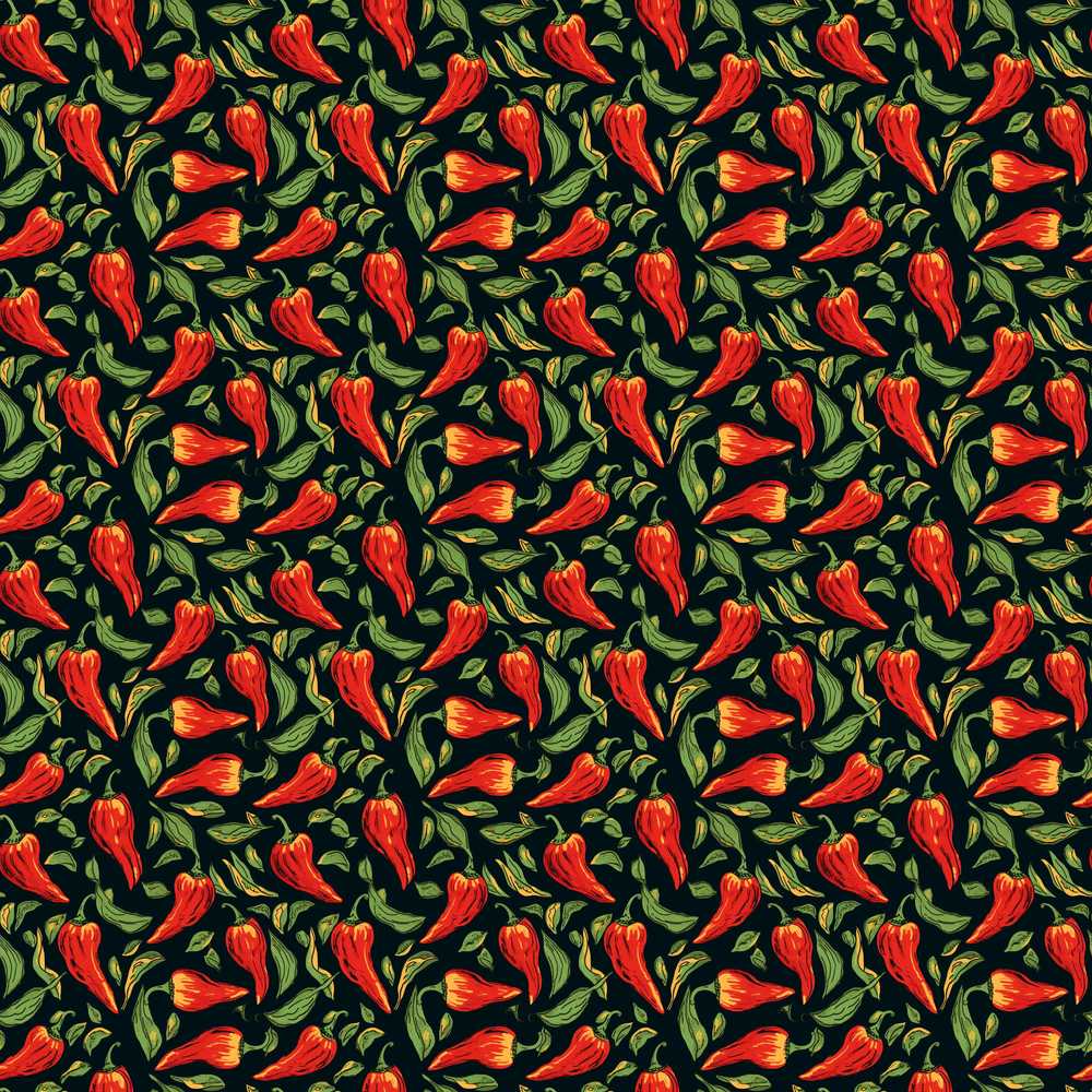 Dark Background Red Chili Bold Botanical Food Wildflower Pattern