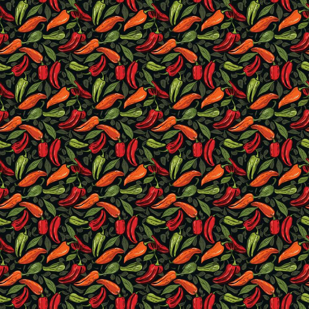 Mixed Chili Peppers and Leaves Dark Wildflower Pattern Botanical