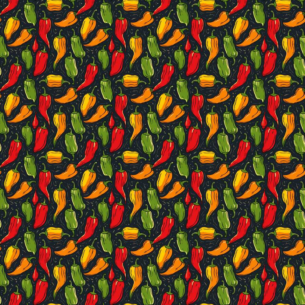 Colorful and Chili Peppers Dark Background Decorative Repeat