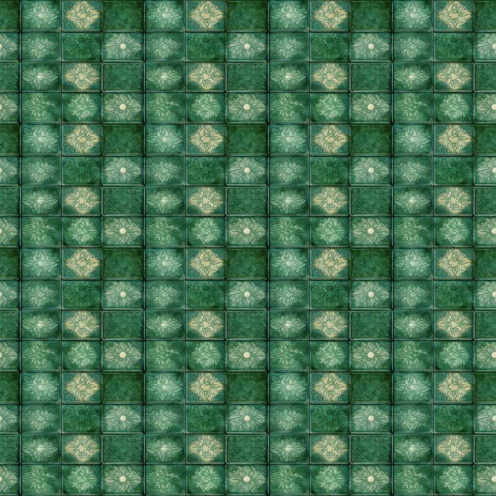 Green Tile Floral Grid Decorative Ceramic Style Wildflower Pattern