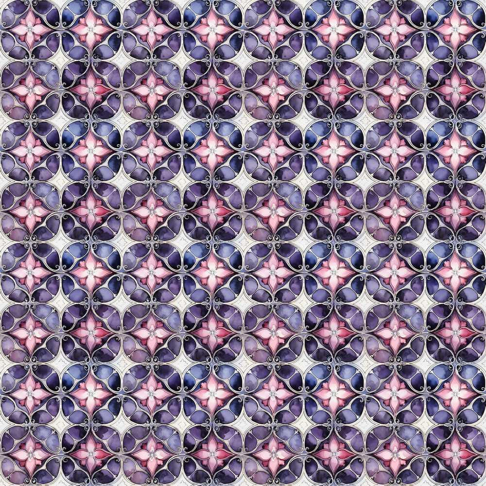Purple Pink Geometric Floral Tile Vintage Style Wildflower Pattern